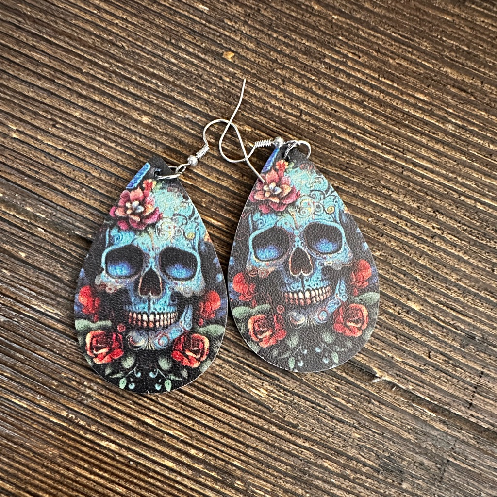 Earrings Skull Face Tear Drop Dangle Blue Multi Color Dangle Pierced